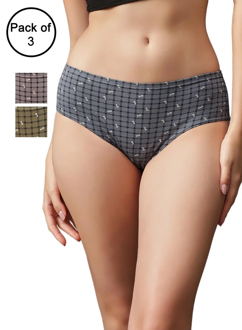 كلوفيا Pack of 3 Mid Waist Printed Hipster Panties with Inner Elastic - 100% Cotton